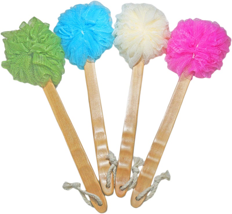 JINS-Hung 4 Pack Shower Loofah Body & Back Scrubber - Exfoliating Loofah luffa loofa Bath Brush On a Stick - with Long Wooden Handle Back Brush for Men & Women - Easy Reach Body Wash & Lotion Applicator - Image 1